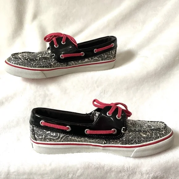 Black White Red Sperry Biscayne Sequined Loafer Lace Up Boat Shoes Size 8M - Picture 2 of 15